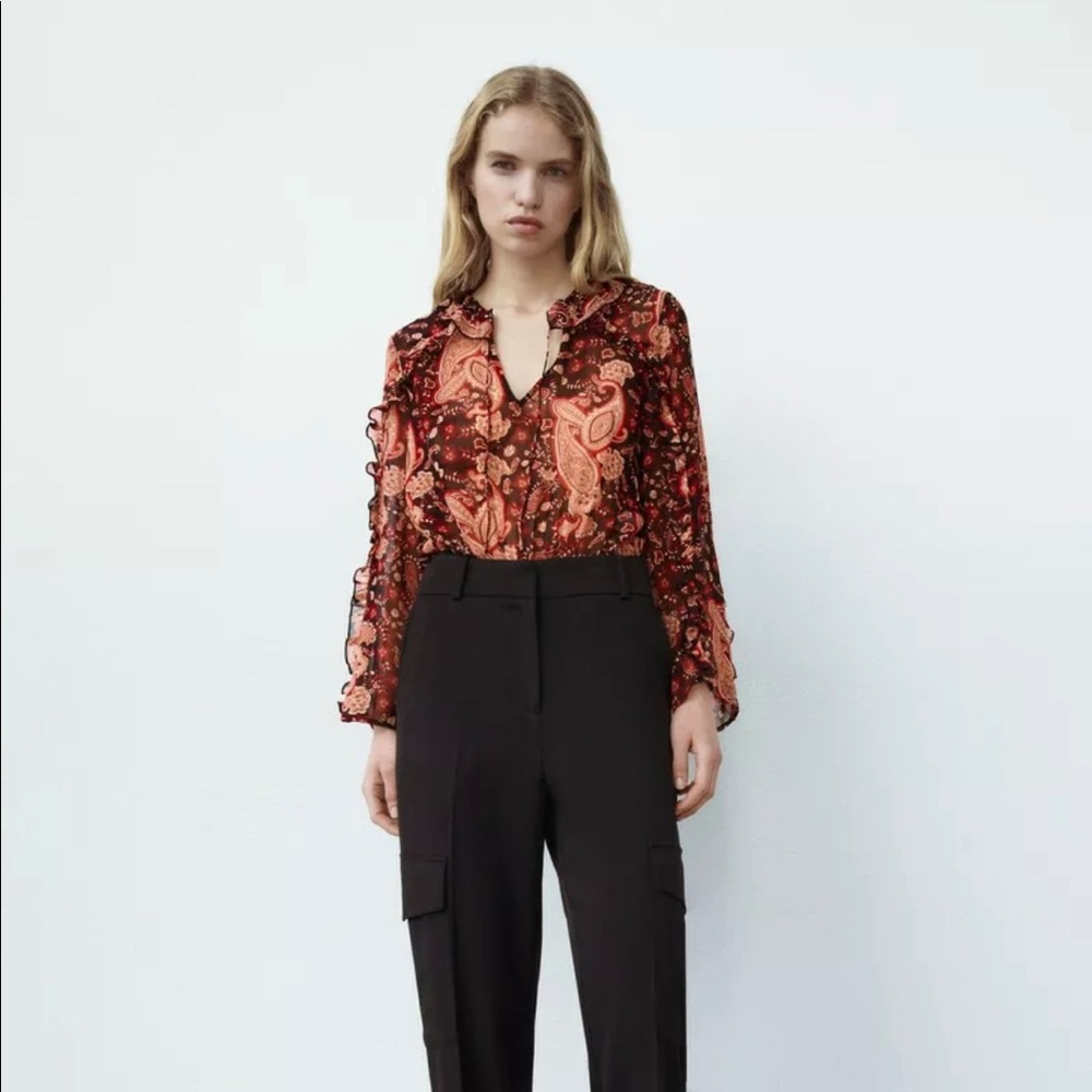 Zara Printed Ruffled Bodysuit Black Red Burnt Orange NWT